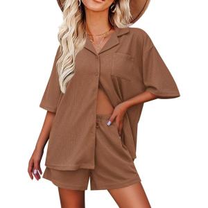 imageEkouaer Pajamas for Women Button Up Lounge Set Waffle Knit Loungewear Short Sleeve Pjs 2 Piece Sleepwear Shorts SetBrown