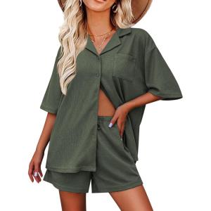 imageEkouaer Pajamas for Women Button Up Lounge Set Waffle Knit Loungewear Short Sleeve Pjs 2 Piece Sleepwear Shorts SetDark Army Green