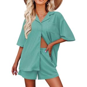 imageEkouaer Pajamas for Women Button Up Lounge Set Waffle Knit Loungewear Short Sleeve Pjs 2 Piece Sleepwear Shorts SetGray Green