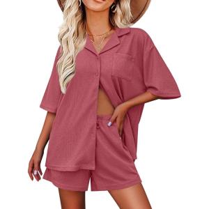 imageEkouaer Pajamas for Women Button Up Lounge Set Waffle Knit Loungewear Short Sleeve Pjs 2 Piece Sleepwear Shorts SetGrey Fuchsia