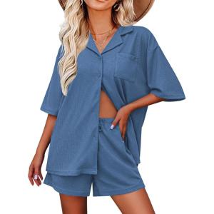 imageEkouaer Pajamas for Women Button Up Lounge Set Waffle Knit Loungewear Short Sleeve Pjs 2 Piece Sleepwear Shorts SetLake Blue