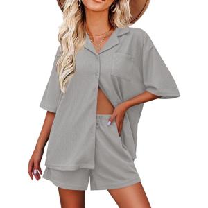 imageEkouaer Pajamas for Women Button Up Lounge Set Waffle Knit Loungewear Short Sleeve Pjs 2 Piece Sleepwear Shorts SetLight Grey