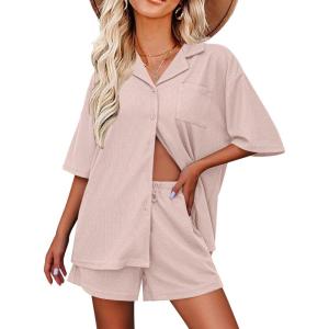 imageEkouaer Pajamas for Women Button Up Lounge Set Waffle Knit Loungewear Short Sleeve Pjs 2 Piece Sleepwear Shorts SetLight Pink