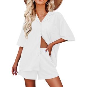 imageEkouaer Pajamas for Women Button Up Lounge Set Waffle Knit Loungewear Short Sleeve Pjs 2 Piece Sleepwear Shorts SetWhite