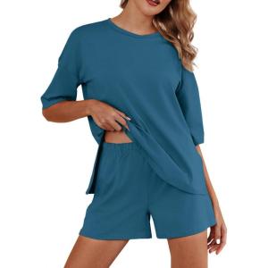 imageEkouaer Pajamas for Women Set 2 Piece PJ Soft Comfy Lounge Sets Short Sleeve Tops Shorts Sets Cotton Sleepwear SXXLBlue Green