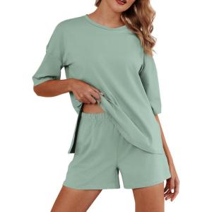 imageEkouaer Pajamas for Women Set 2 Piece PJ Soft Comfy Lounge Sets Short Sleeve Tops Shorts Sets Cotton Sleepwear SXXLLight Green