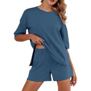 imageEkouaer Pajamas for Women Set 2 Piece PJ Soft Comfy Lounge Sets Short Sleeve Tops Shorts Sets Cotton Sleepwear SXXLNavy Blue
