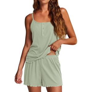 imageEkouaer Pajamas for Women Set Lingerie Pjs 2 Piece Cami Sleepwear Ribbed Knit Shorts SetLight Green