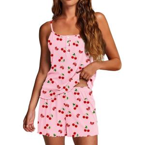 imageEkouaer Pajamas for Women Set Lingerie Pjs 2 Piece Cami Sleepwear Ribbed Knit Shorts SetPink Cherry