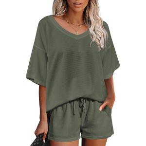 imageEkouaer Womens 2 Piece Short Sleeve Waffle Knit V Neck Off Shoulder Casual Loose Fit Sweatsuit OutfitsArmy Green