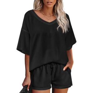 imageEkouaer Womens 2 Piece Short Sleeve Waffle Knit V Neck Off Shoulder Casual Loose Fit Sweatsuit OutfitsBlack