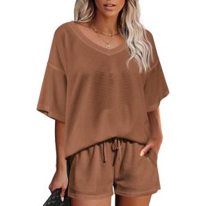 imageEkouaer Womens 2 Piece Short Sleeve Waffle Knit V Neck Off Shoulder Casual Loose Fit Sweatsuit OutfitsBrown