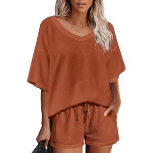 imageEkouaer Womens 2 Piece Short Sleeve Waffle Knit V Neck Off Shoulder Casual Loose Fit Sweatsuit OutfitsCaramel