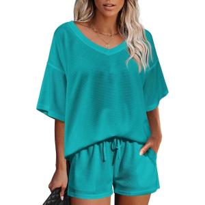 imageEkouaer Womens 2 Piece Short Sleeve Waffle Knit V Neck Off Shoulder Casual Loose Fit Sweatsuit OutfitsGreen