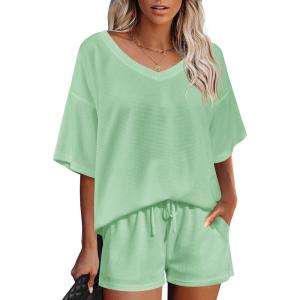 imageEkouaer Womens 2 Piece Short Sleeve Waffle Knit V Neck Off Shoulder Casual Loose Fit Sweatsuit OutfitsLight Green