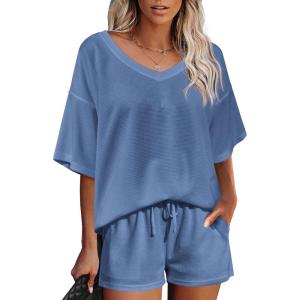imageEkouaer Womens 2 Piece Short Sleeve Waffle Knit V Neck Off Shoulder Casual Loose Fit Sweatsuit OutfitsNavy Blue