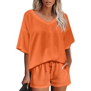 imageEkouaer Womens 2 Piece Short Sleeve Waffle Knit V Neck Off Shoulder Casual Loose Fit Sweatsuit OutfitsOrange