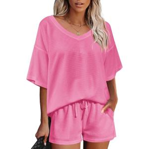 imageEkouaer Womens 2 Piece Short Sleeve Waffle Knit V Neck Off Shoulder Casual Loose Fit Sweatsuit OutfitsPink