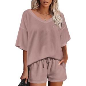 imageEkouaer Womens 2 Piece Short Sleeve Waffle Knit V Neck Off Shoulder Casual Loose Fit Sweatsuit OutfitsRose Red