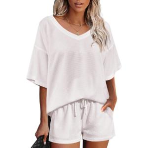 imageEkouaer Womens 2 Piece Short Sleeve Waffle Knit V Neck Off Shoulder Casual Loose Fit Sweatsuit OutfitsWhite