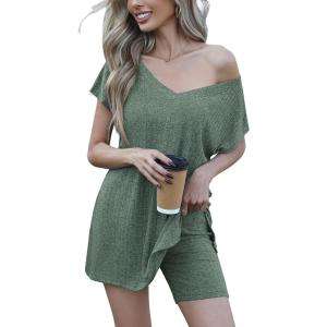 imageEkouaer Womens Pajamas Summer 2 Piece Sets Knit Loungewear V Neck Cap Sleeve Workout Sets Biker Shorts Tracksuit SXXLArmy Green