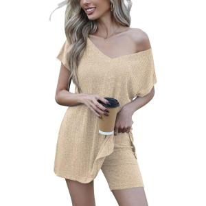 imageEkouaer Womens Pajamas Summer 2 Piece Sets Knit Loungewear V Neck Cap Sleeve Workout Sets Biker Shorts Tracksuit SXXLBeige