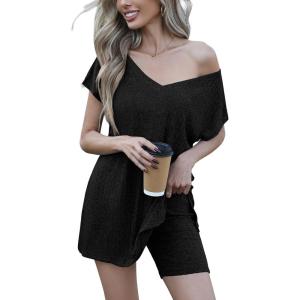imageEkouaer Womens Pajamas Summer 2 Piece Sets Knit Loungewear V Neck Cap Sleeve Workout Sets Biker Shorts Tracksuit SXXLBlack