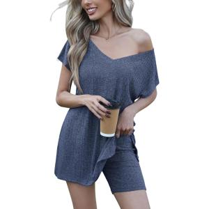 imageEkouaer Womens Pajamas Summer 2 Piece Sets Knit Loungewear V Neck Cap Sleeve Workout Sets Biker Shorts Tracksuit SXXLBlue