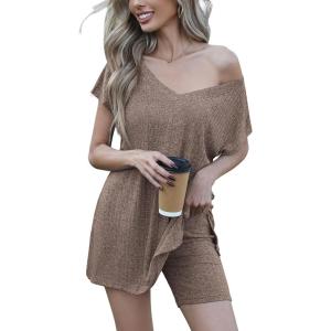 imageEkouaer Womens Pajamas Summer 2 Piece Sets Knit Loungewear V Neck Cap Sleeve Workout Sets Biker Shorts Tracksuit SXXLBrown