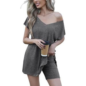 imageEkouaer Womens Pajamas Summer 2 Piece Sets Knit Loungewear V Neck Cap Sleeve Workout Sets Biker Shorts Tracksuit SXXLGrey