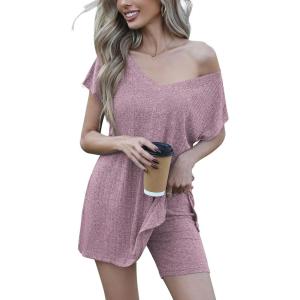 imageEkouaer Womens Pajamas Summer 2 Piece Sets Knit Loungewear V Neck Cap Sleeve Workout Sets Biker Shorts Tracksuit SXXLPurple