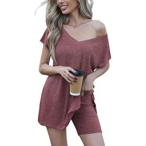 imageEkouaer Womens Pajamas Summer 2 Piece Sets Knit Loungewear V Neck Cap Sleeve Workout Sets Biker Shorts Tracksuit SXXLWine Red