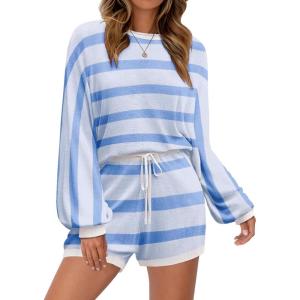 imageEkouaer Knit Pajamas Set for Women Lounge Wear Sets Long Sleeve Sweatsuit Matching 2 Piece Outfits Casual Sweater Sets SXXLBlue White Striped