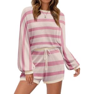 imageEkouaer Knit Pajamas Set for Women Lounge Wear Sets Long Sleeve Sweatsuit Matching 2 Piece Outfits Casual Sweater Sets SXXLPink White Striped