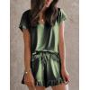 imageEkouaer Satin Pajamas for Women Short Sleeve Silk Sleepwear 2 Piece Pjs Set with Ruffled Shorts Casual LoungewearArmy Green