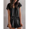 imageEkouaer Satin Pajamas for Women Short Sleeve Silk Sleepwear 2 Piece Pjs Set with Ruffled Shorts Casual LoungewearBlack
