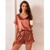 imageEkouaer Satin Pajamas for Women Short Sleeve Silk Sleepwear 2 Piece Pjs Set with Ruffled Shorts Casual LoungewearBrown