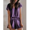 imageEkouaer Satin Pajamas for Women Short Sleeve Silk Sleepwear 2 Piece Pjs Set with Ruffled Shorts Casual LoungewearDeep Purple