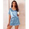 imageEkouaer Satin Pajamas for Women Short Sleeve Silk Sleepwear 2 Piece Pjs Set with Ruffled Shorts Casual LoungewearLight Blue