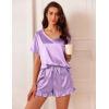 imageEkouaer Satin Pajamas for Women Short Sleeve Silk Sleepwear 2 Piece Pjs Set with Ruffled Shorts Casual LoungewearLight Purple