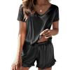 imageEkouaer Satin Pajamas for Women Short Sleeve Silk Sleepwear 2 Piece Pjs Set with Ruffled Shorts Casual LoungewearBlack