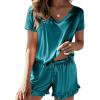 imageEkouaer Satin Pajamas for Women Short Sleeve Silk Sleepwear 2 Piece Pjs Set with Ruffled Shorts Casual LoungewearBlue Green