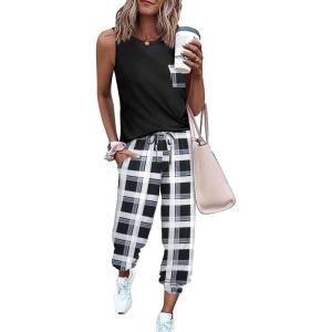imageEkouaer Womens Pajamas Set Soft 2 Piece Lounge Sets Sleeveless Tank Tops with Jogger Set Active Tracksuit Lounge WearBlack Plaid