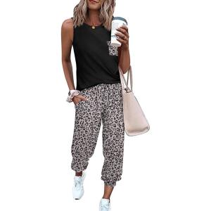imageEkouaer Womens Pajamas Set Soft 2 Piece Lounge Sets Sleeveless Tank Tops with Jogger Set Active Tracksuit Lounge WearLeopardapricot