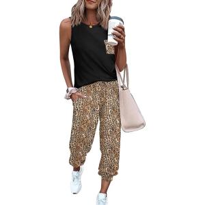 imageEkouaer Womens Pajamas Set Soft 2 Piece Lounge Sets Sleeveless Tank Tops with Jogger Set Active Tracksuit Lounge WearLeopardbrown
