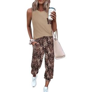 imageEkouaer Womens Pajamas Set Soft 2 Piece Lounge Sets Sleeveless Tank Tops with Jogger Set Active Tracksuit Lounge WearLeopardkhaki