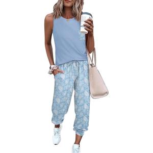 imageEkouaer Womens Pajamas Set Soft 2 Piece Lounge Sets Sleeveless Tank Tops with Jogger Set Active Tracksuit Lounge WearLight Blue Floral