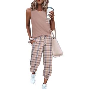 imageEkouaer Womens Pajamas Set Soft 2 Piece Lounge Sets Sleeveless Tank Tops with Jogger Set Active Tracksuit Lounge WearPink Plaid