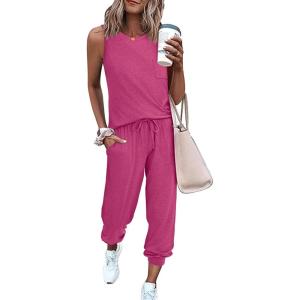 imageEkouaer Womens Pajamas Set Soft 2 Piece Lounge Sets Sleeveless Tank Tops with Jogger Set Active Tracksuit Lounge WearRose Red
