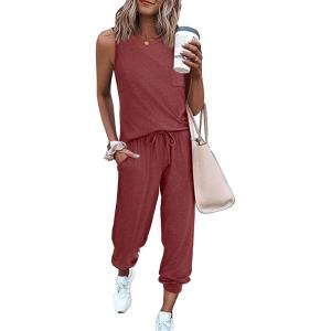 imageEkouaer Womens Pajamas Set Soft 2 Piece Lounge Sets Sleeveless Tank Tops with Jogger Set Active Tracksuit Lounge WearWine Red